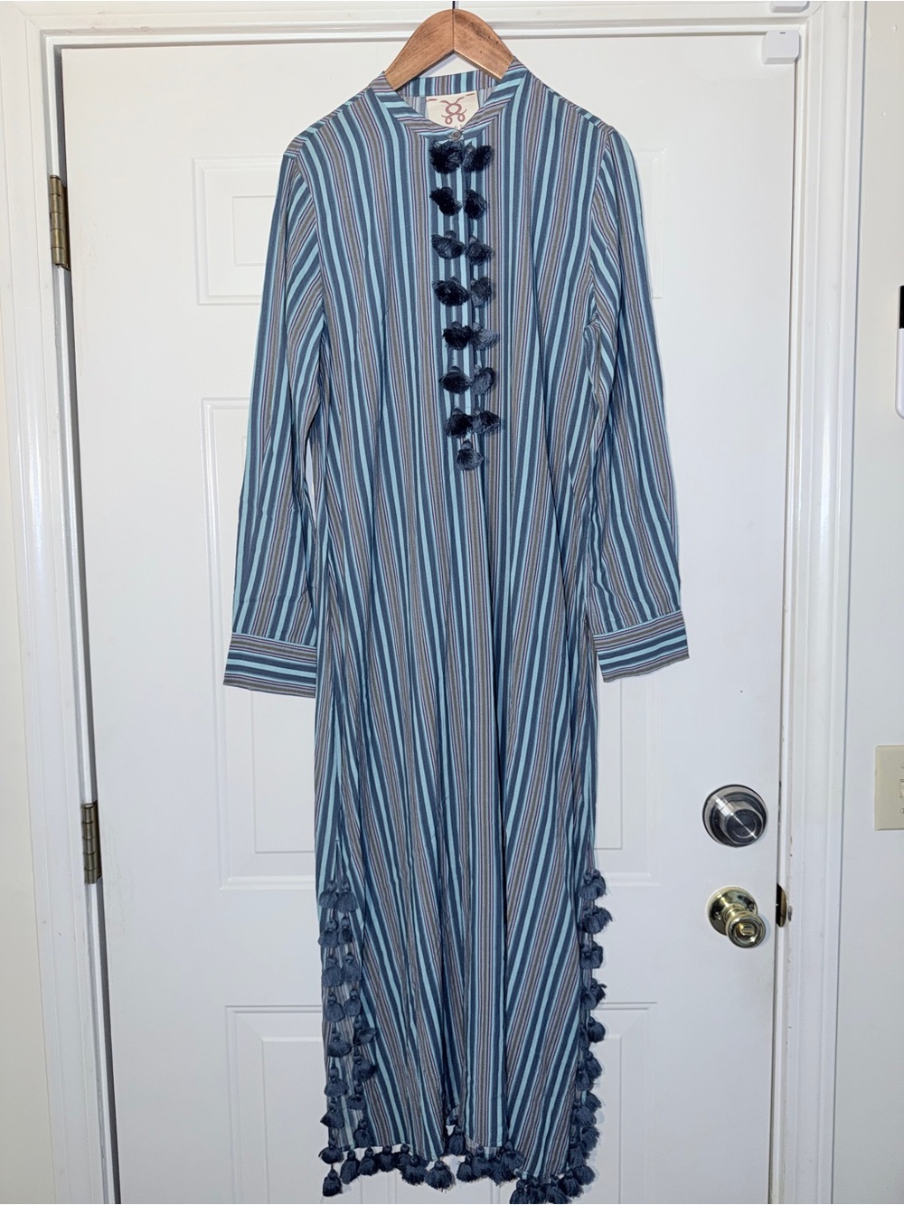 Figue Striped Tassel Trim Long Caftan Dress. Sz L